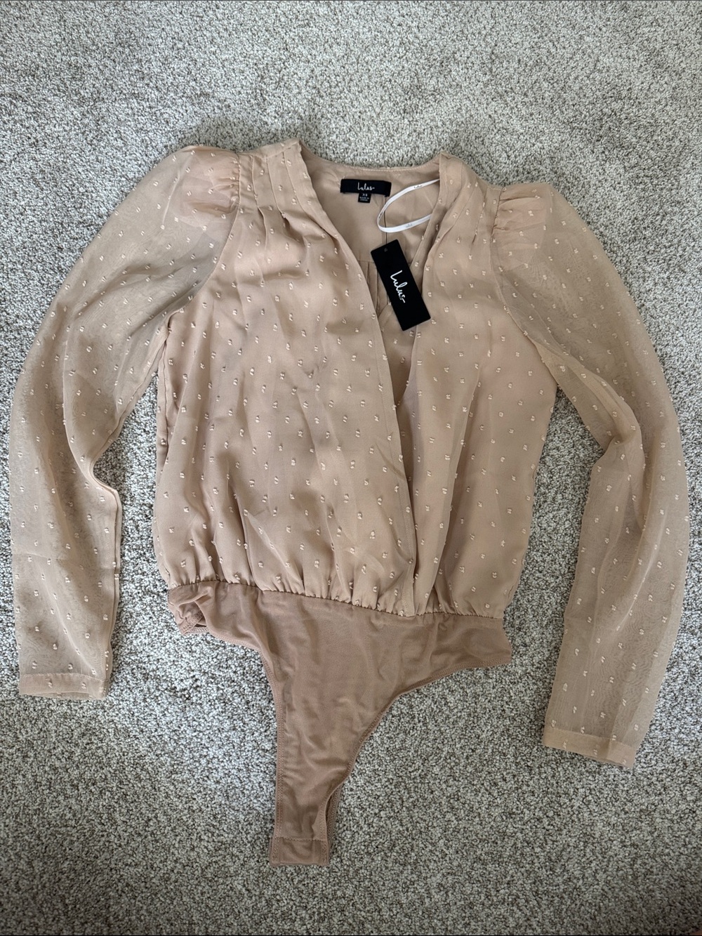Lulu's Taupe Sheer Swiss Dot Long-Sleeve Bodysuit
